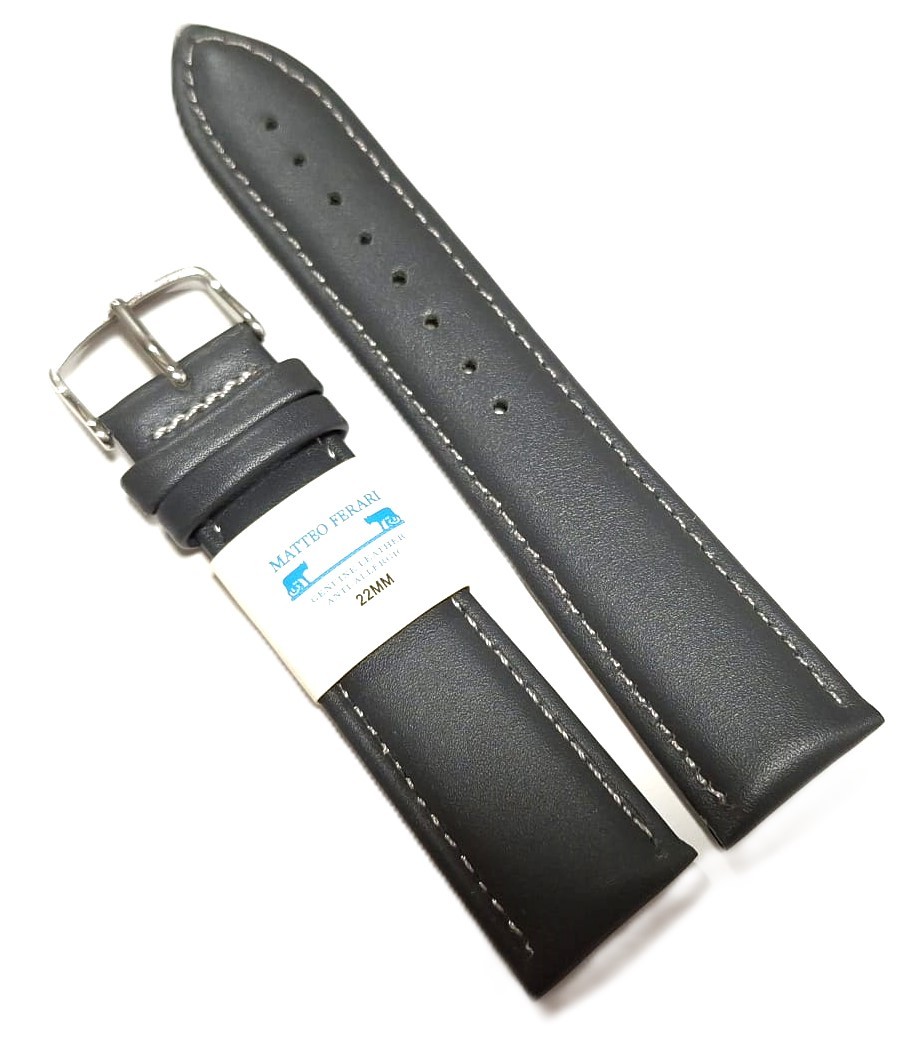 Curea Ceas din Piele Gri, cu Cusătură Alba 20mm 22mm