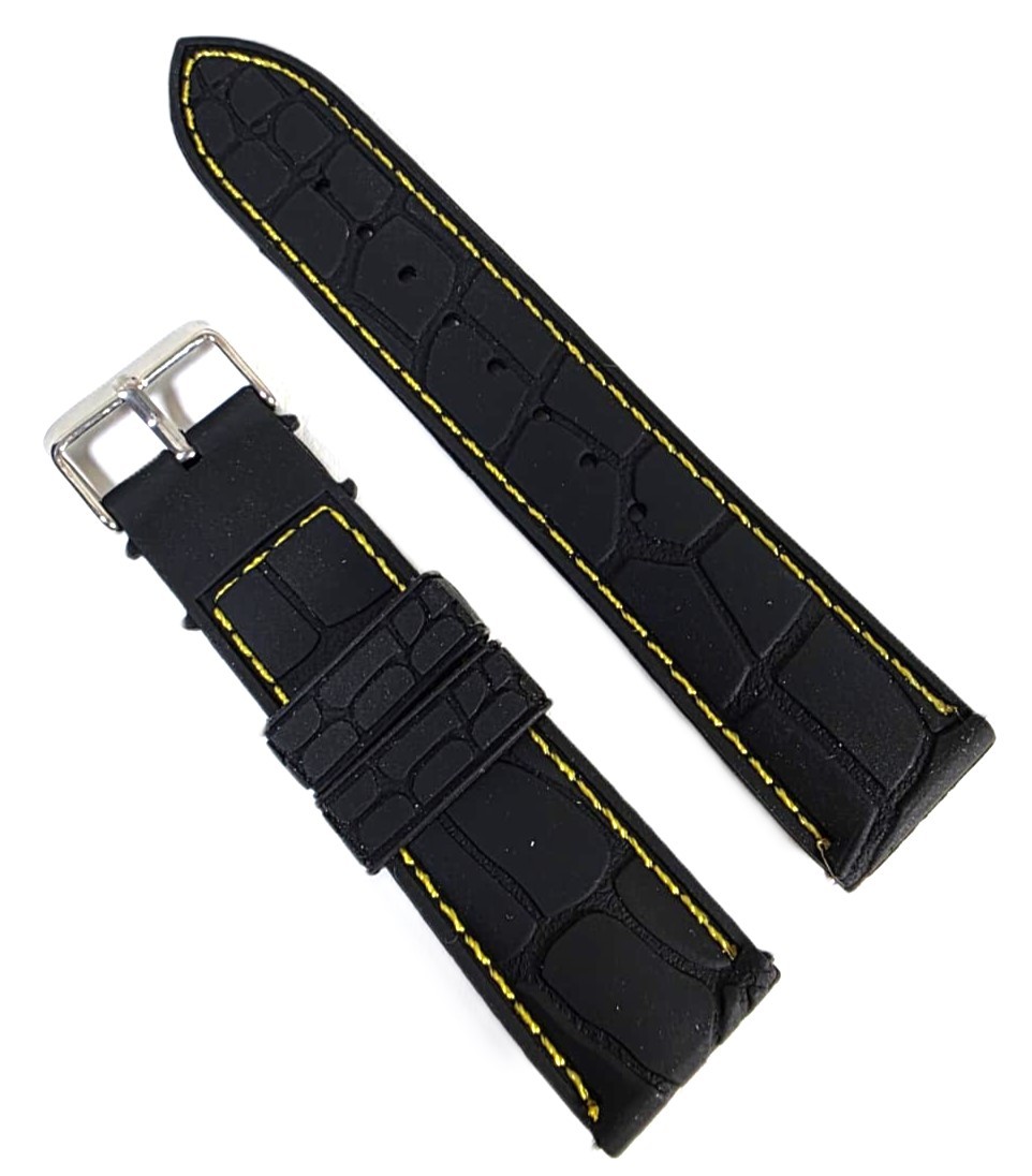 Curea Ceas Silicon Premium – Neagră cu Cusătură Galbena (20mm, 22mm, 24mm)