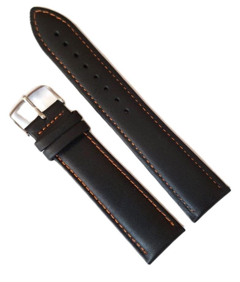 Curea Ceas din Piele Naturală Neagră, cu Cusătură Orange 20mm 22mm