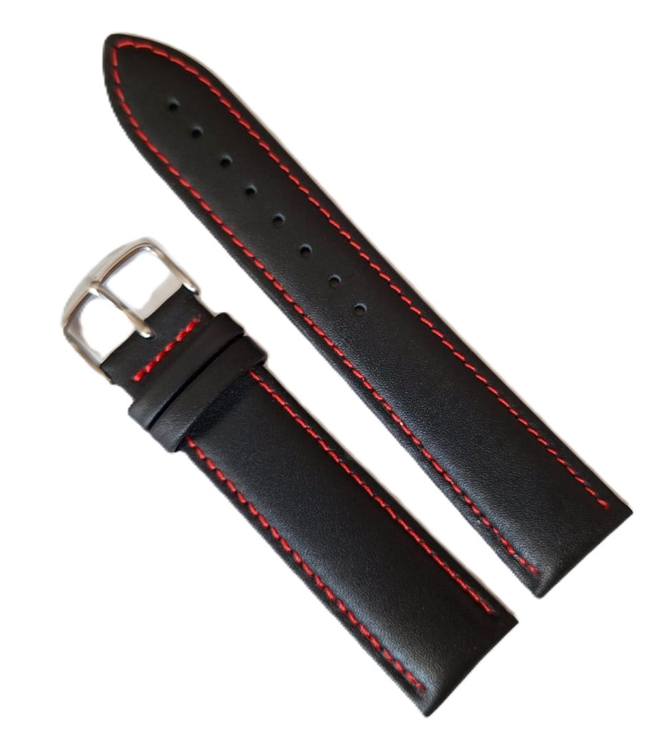 Curea Ceas din Piele Naturală Neagră, cu Cusătură Roșie 20mm 22mm