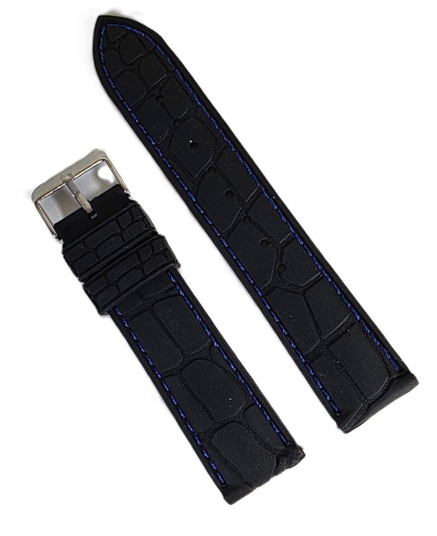 Curea Ceas din Silicon Premium – Neagră cu Cusătură Albastră (20mm, 22mm, 24mm)