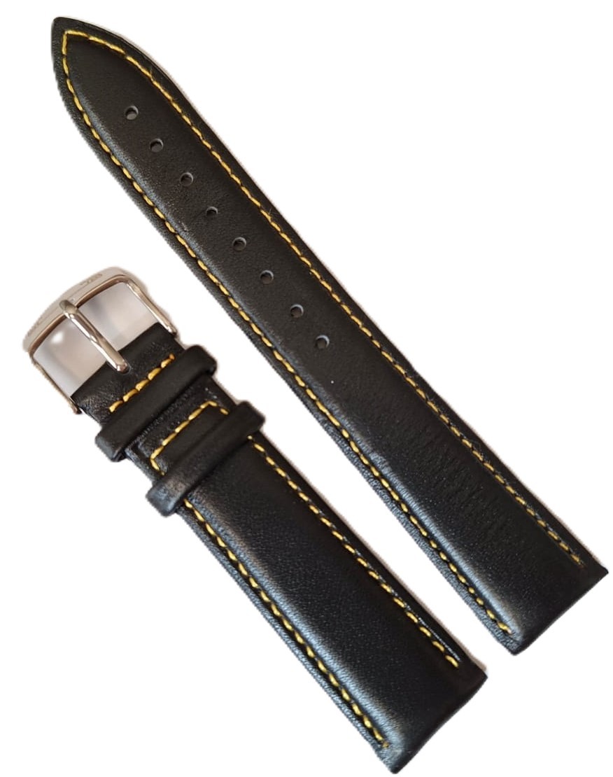 Curea Ceas din Piele Naturală Neagră, cu Cusătură Galbenă 20mm 22mm WZ2014