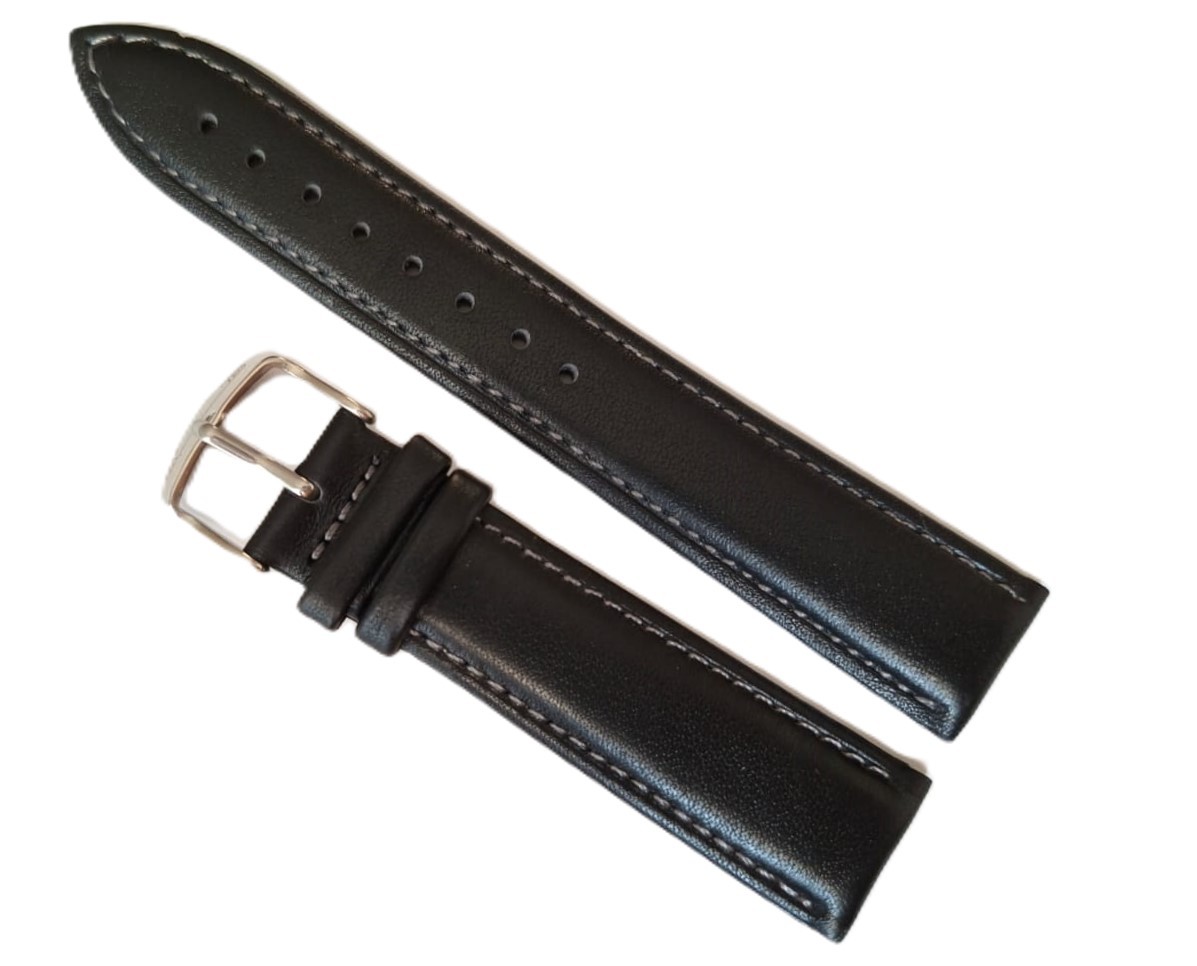Curea Ceas din Piele Naturală Neagră, cu Cusătură Gri 20mm 22mm