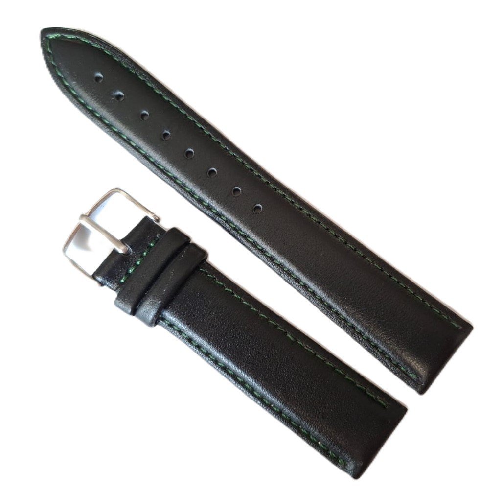 Curea Ceas din Piele Naturală Neagră, cu Cusătură Verde 20mm 22mm