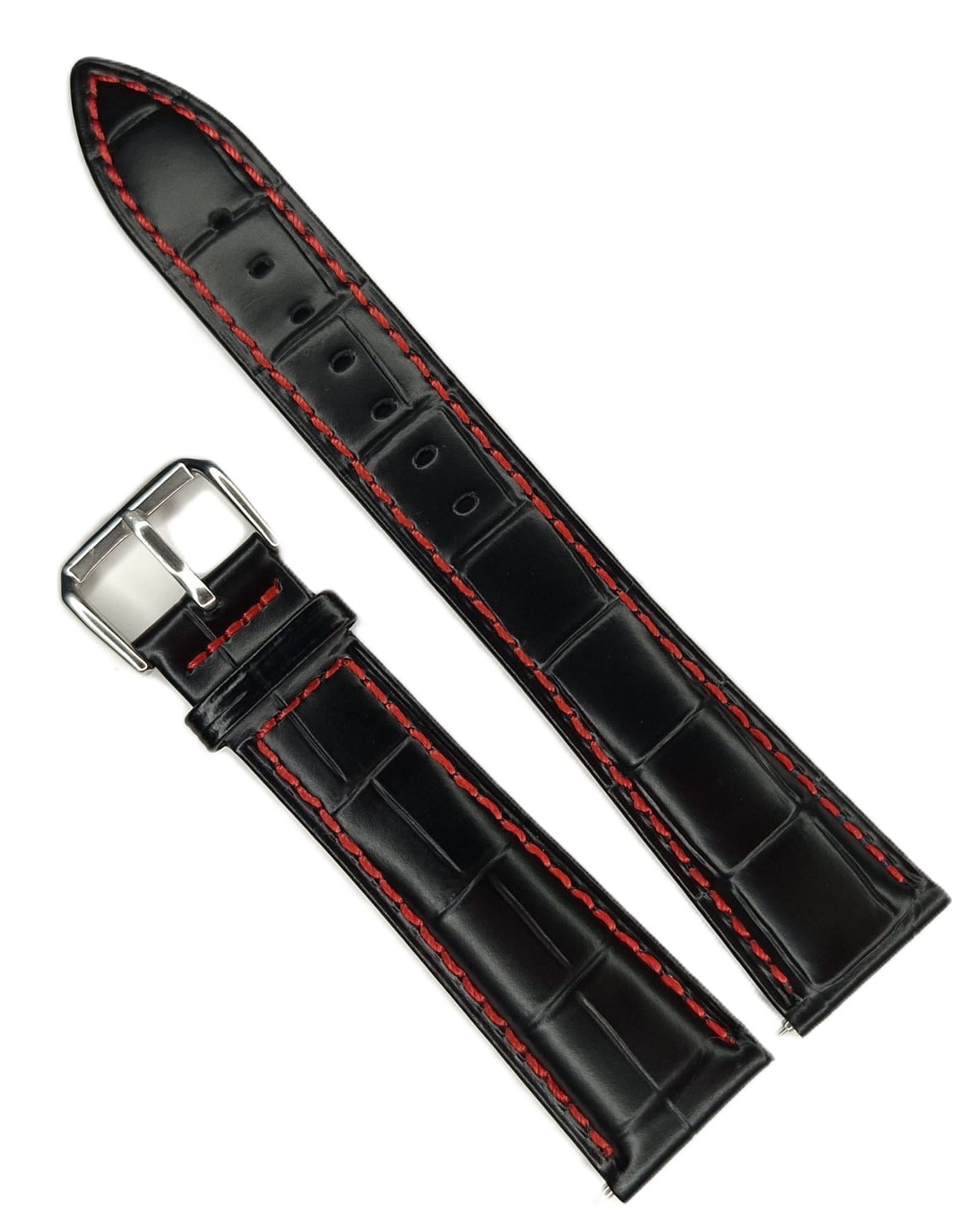 Curea Ceas XL din Piele Naturală Neagră, Dublu Strat cu Interior Negru și Cusătură Roșie Contrastantă (18mm - 22mm)