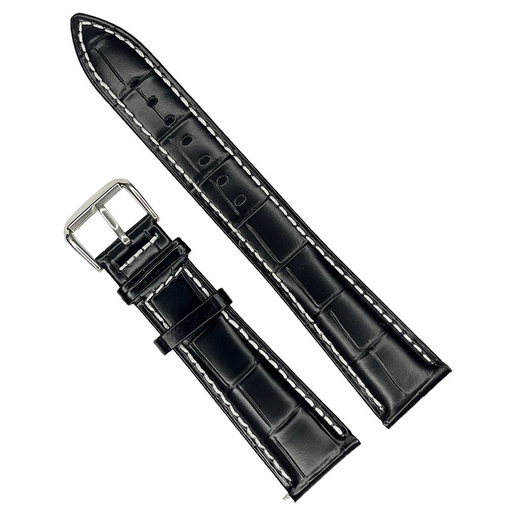 Curea Ceas XL din Piele Naturală Neagră, Dublu Strat cu Interior Negru și Cusătură Albă Contrastantă, Model WZ2921 (18mm - 22mm)
