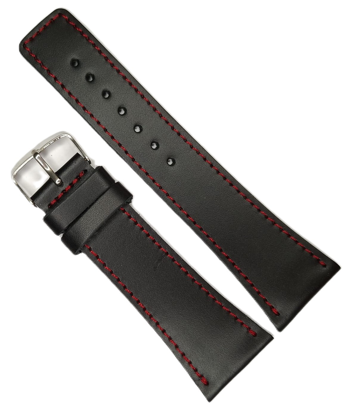 Curea ceas Piele Naturala Neagra Cusatura Rosie XL 30mm
