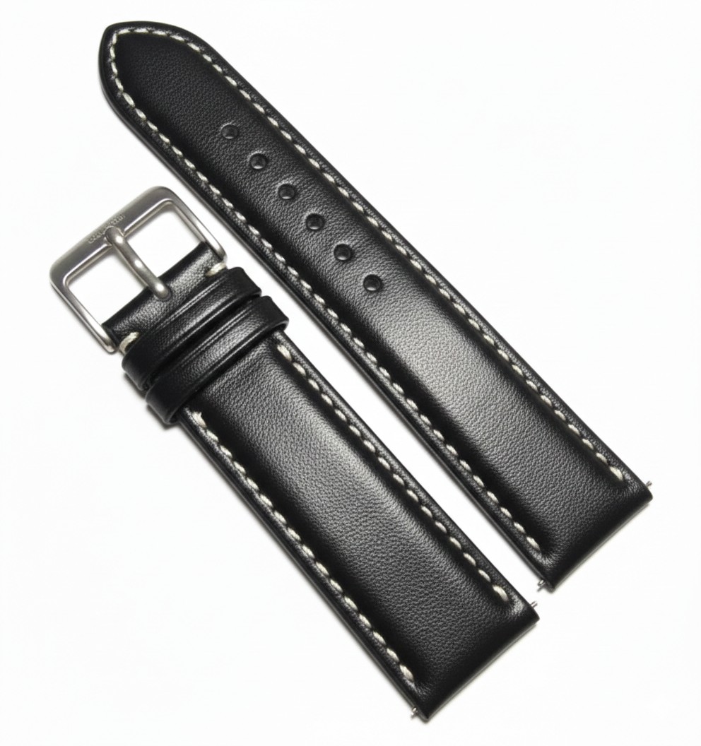 Curea Ceas „GT Contrast” – Piele Naturală, Negru cu Cusătură Albă (18mm - 24mm)