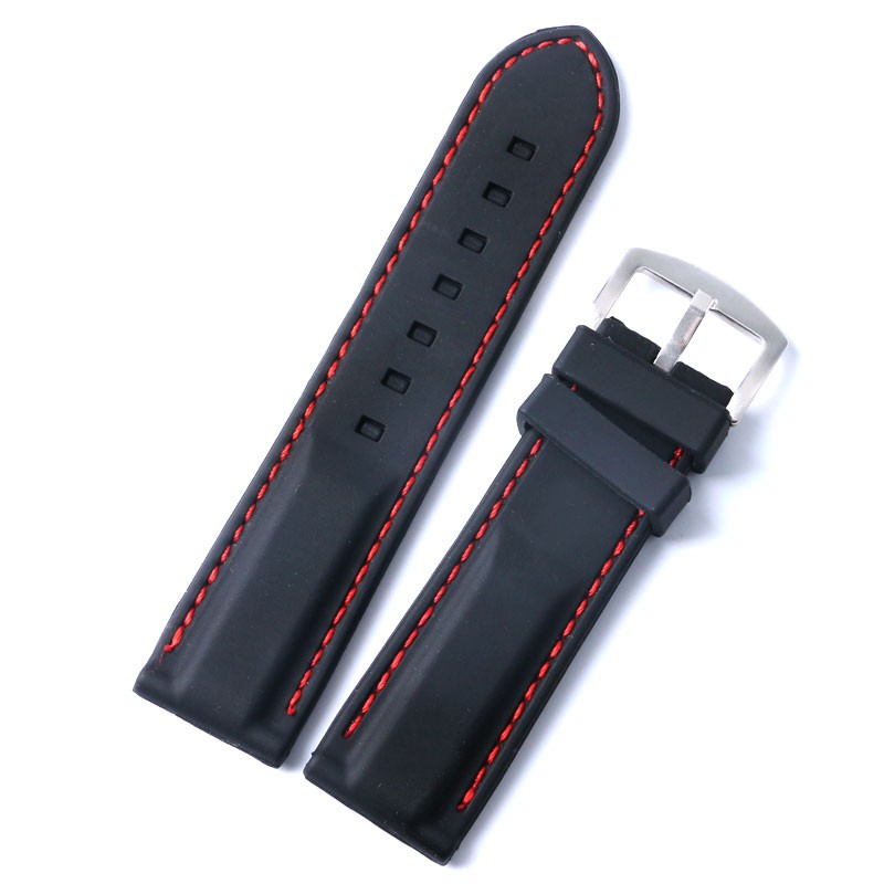 Curea Sport din Silicon pentru Ceas, Neagră cu Cusătură Roșie | 20mm, 22mm | Oțel Inoxidabil
